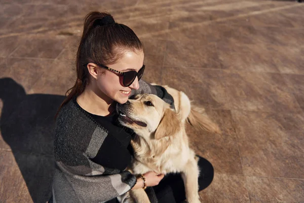 Young Positive Woman Have Fun Her Dog Have Walk Outdoors — Stockfoto