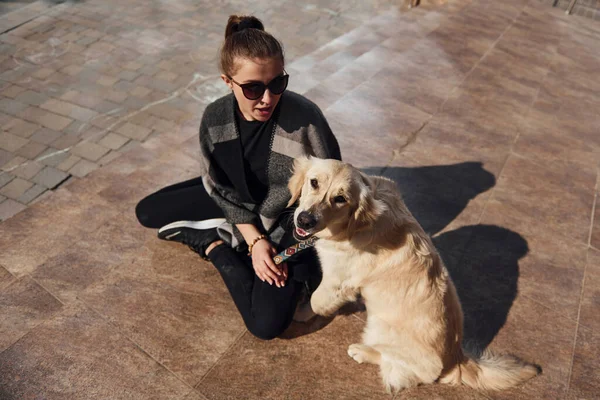 Young Positive Woman Have Fun Her Dog Have Walk Outdoors — Foto Stock