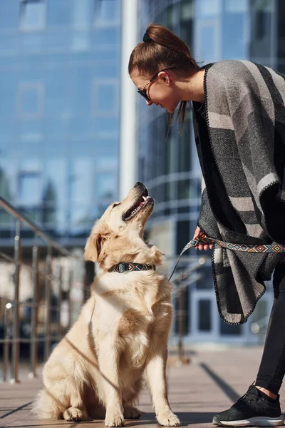 Young positive woman have fun with her dog when have a walk outdoors near business building.