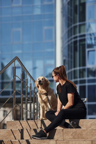Young Positive Woman Sitting Stairs Her Dog Have Walk Outdoors — Stock Photo, Image