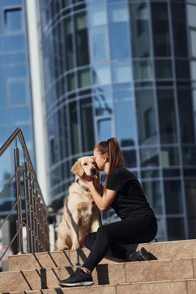 Young Positive Woman Sitting Stairs Her Dog Have Walk Outdoors — Stock Photo, Image