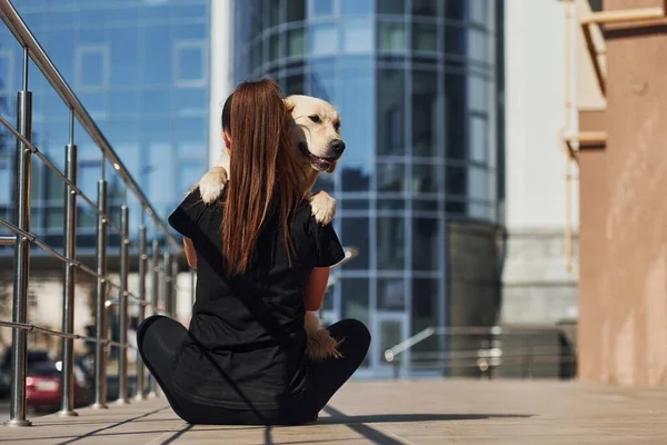 Sitting Together Young Positive Woman Have Fun Her Dog Have — Foto Stock