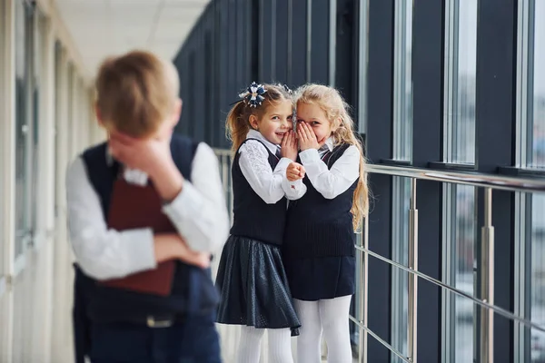 Little Boy Gets Bullied Conception Harassment School Kids Uniform Together — Zdjęcie stockowe