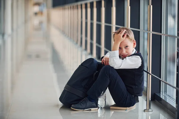 Boy Uniform Sitting Alone Feeling Sad School Conception Harassment — Foto Stock