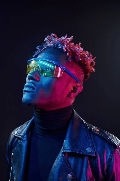 Glasses Futuristic Neon Lighting Young African American Man Studio — Stock Fotó