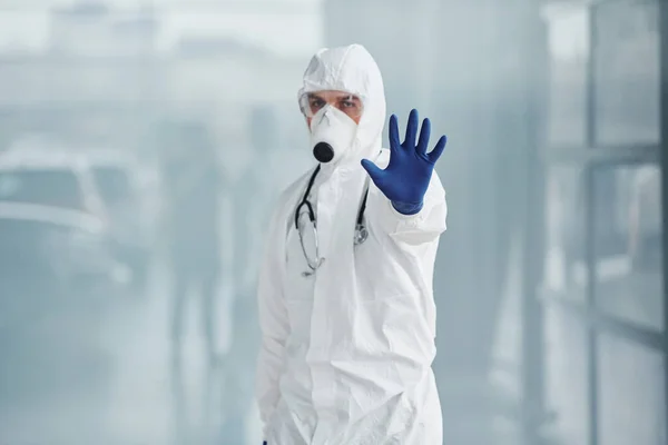 Shows Stop Gesture Hand Male Doctor Scientist Lab Coat Defensive — 图库照片