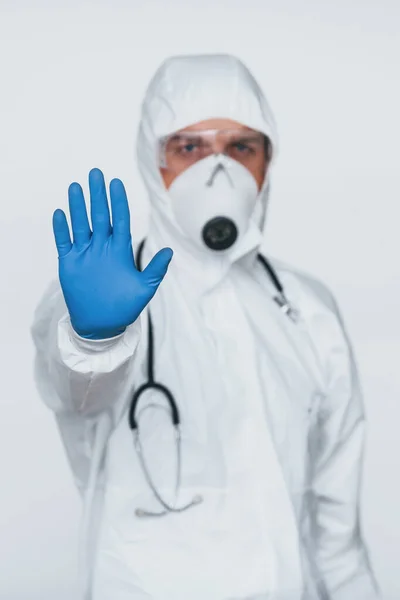 Shows Stop Gesture Hand Male Doctor Scientist Lab Coat Defensive — Stock Fotó