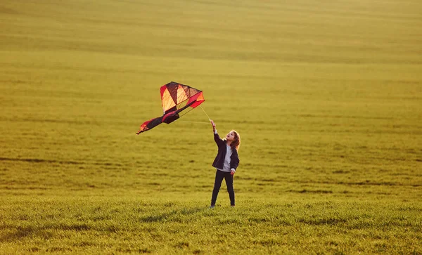 Happy Little Girl Running Kite Hands Beautiful Field — стоковое фото