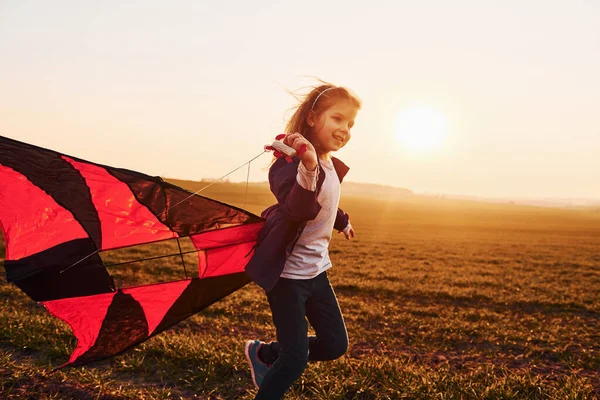 Happy Little Girl Running Kite Hands Beautiful Field Sunrishe Time — Stockfoto