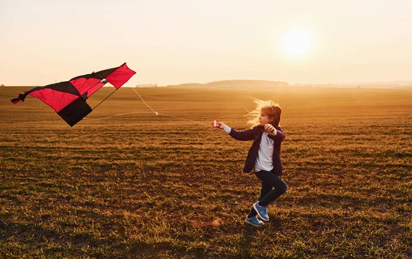 Happy Little Girl Running Kite Hands Beautiful Field Sunrishe Time — Foto Stock