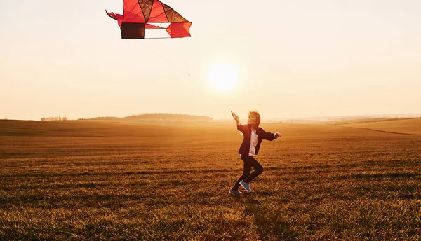 Happy Little Girl Running Kite Hands Beautiful Field Sunrishe Time — стоковое фото