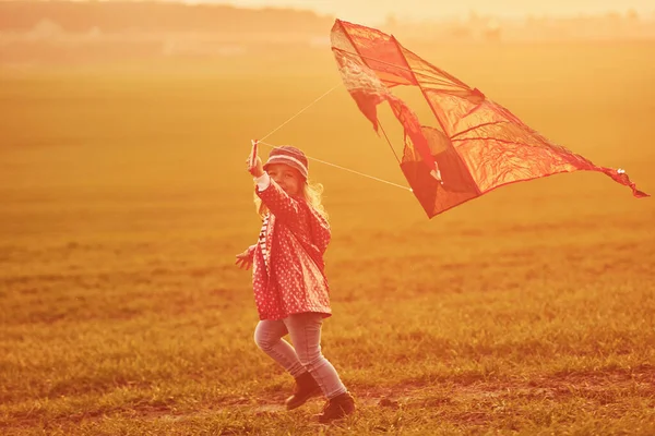Happy Little Girl Running Kite Hands Beautiful Field Sunrishe Time — Stock Photo, Image