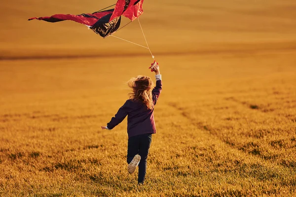 Happy Little Girl Running Kite Hands Beautiful Field — Stockfoto
