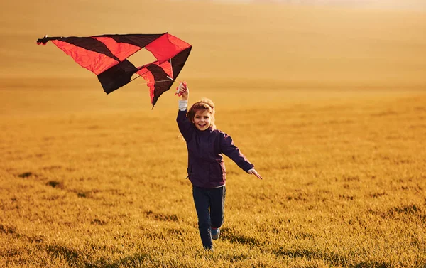 Happy Little Girl Running Kite Hands Beautiful Field — Stock Fotó