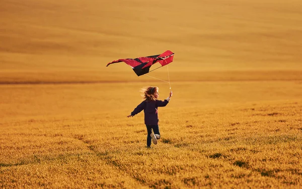Счастливая Маленькая Девочка Бежит Воздушным Змеем Руках Красивом Поле — стоковое фото