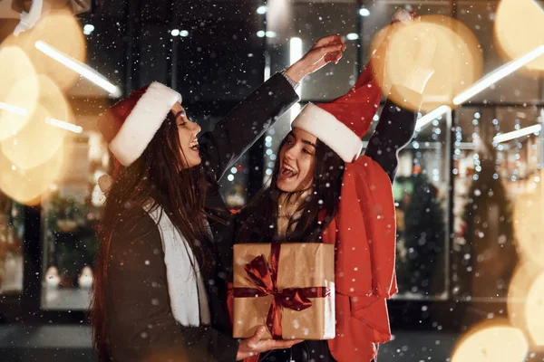 幸せな姉妹の双子は屋外で一緒にクリスマス休暇を過ごします 新年の概念 — ストック写真
