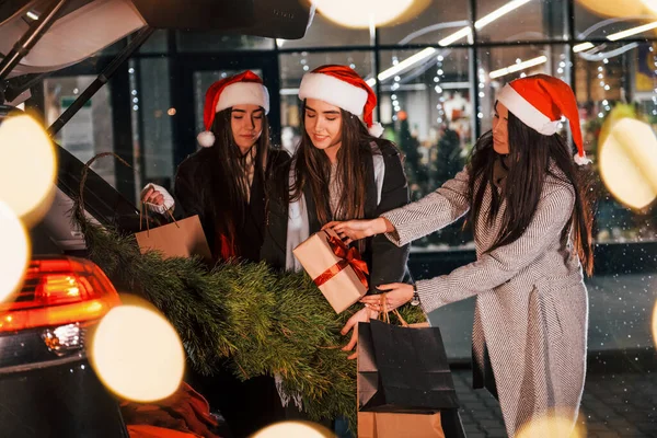 モミを持ってる 3人の陽気な女性が屋外で一緒にクリスマス休暇を過ごす 新年の概念 — ストック写真