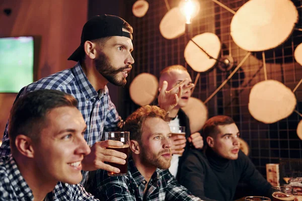 Soccer Fans Celebrating Victory Group People Together Indoors Pub Have — Stock Photo, Image