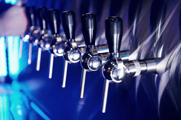 Close View Beer Taps Pub Artifical Blue Lighting — Zdjęcie stockowe