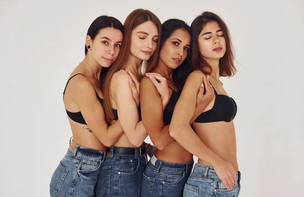 Leaning Each Other Four Young Women Lingerie Together Indoors White — Stock Photo, Image