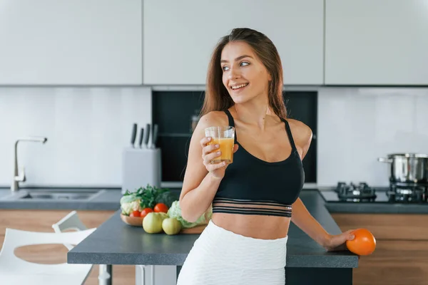 Fresh Orange Juice Young European Woman Indoors Kitchen Indoors Healthy — стокове фото