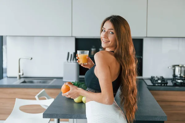 Fresh Orange Young European Woman Indoors Kitchen Indoors Healthy Food — стокове фото