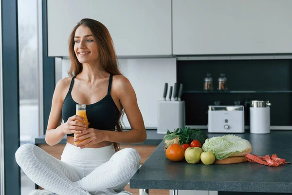 Fresh Orange Juice Young European Woman Indoors Kitchen Indoors Healthy — стокове фото