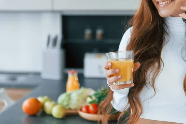 Fresh Orange Juice Young European Woman Indoors Kitchen Indoors Healthy — стокове фото