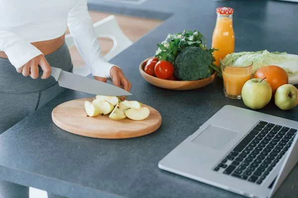 Uses Laptop Young European Woman Indoors Kitchen Indoors Healthy Food — Stockfoto