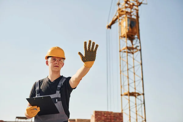 Shows Stop Sign Hand Construction Worker Uniform Safety Equipment Have — Fotografia de Stock