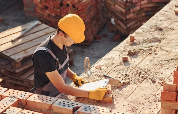 Holding Plan Hands Construction Worker Uniform Safety Equipment Have Job — Stock fotografie