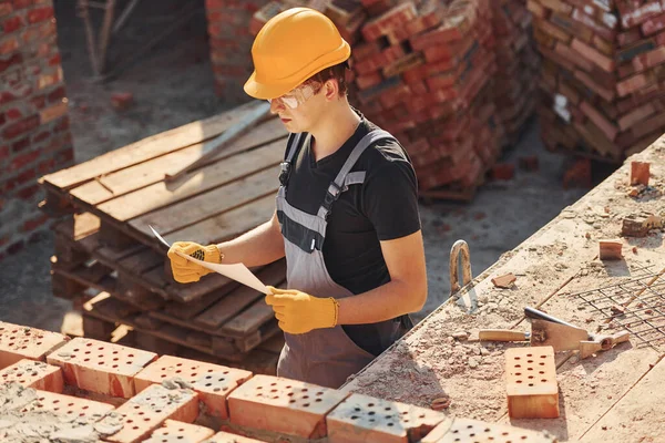 Holding Plan Hands Construction Worker Uniform Safety Equipment Have Job — Foto de Stock