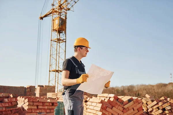 Holding Plan Hands Construction Worker Uniform Safety Equipment Have Job — Stock fotografie