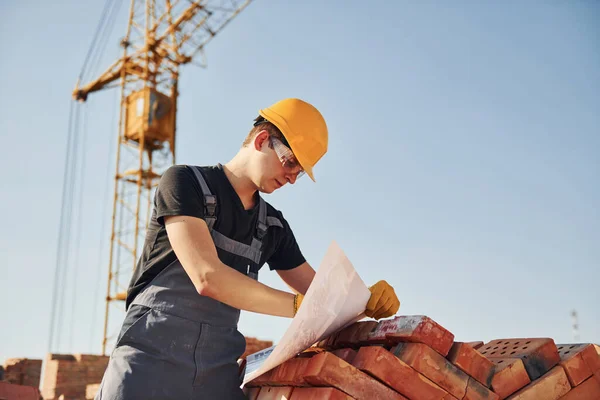 Holding Plan Hands Construction Worker Uniform Safety Equipment Have Job — Stock fotografie