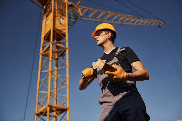 Holds Brick Tool Hands Construction Worker Uniform Safety Equipment Have — Fotografia de Stock