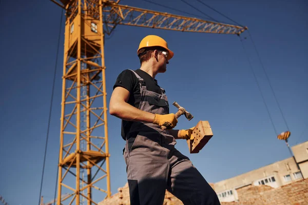 Holds Brick Tool Hands Construction Worker Uniform Safety Equipment Have — Fotografia de Stock
