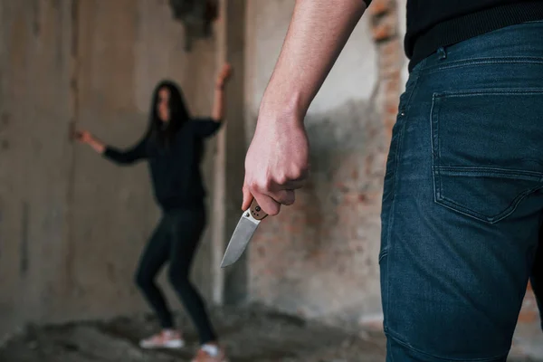 Rear View Psycho Knife Follow Young Girl Abandoned Building —  Fotos de Stock