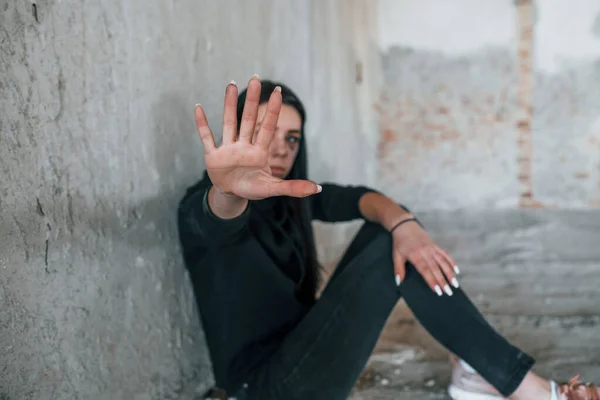 Stop Violence Young Beaten Woman Black Clothes Sitting Floor Abandoned — Stok fotoğraf