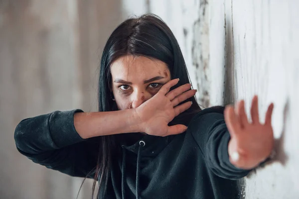 Stop Violence Portrait Beaten Young Woman Bruise Eye Indoors Abandoned — Stok fotoğraf