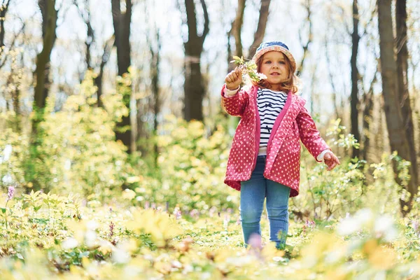 Happy Little Girl Blue Hat Have Walk Spring Forest Daytime — Stock Photo, Image