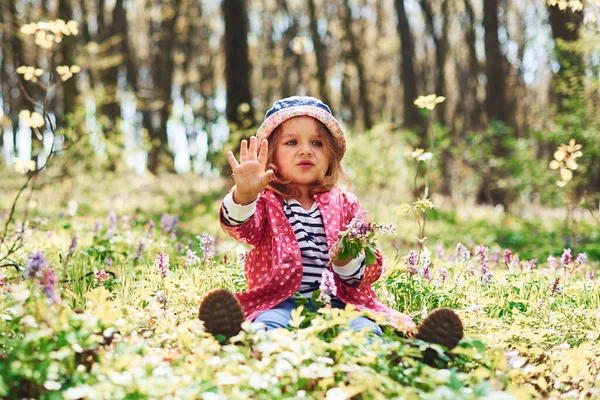 幸せな女の子で青の帽子持っています歩くで春の森の日 — ストック写真
