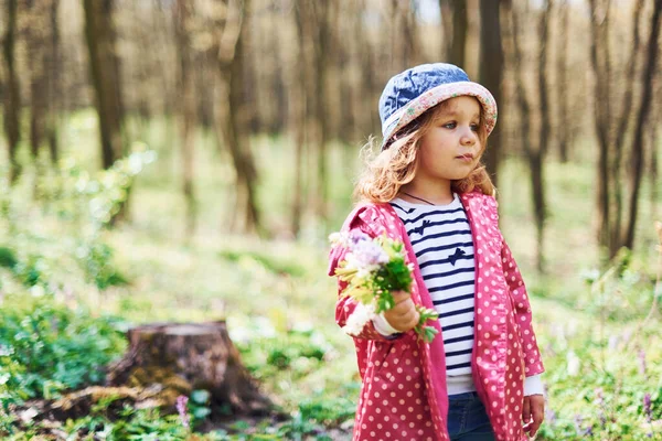 Happy Little Girl Blue Hat Have Walk Spring Forest Daytime — Stock Photo, Image