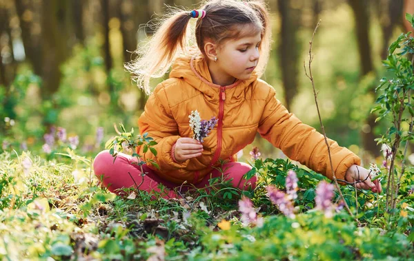 Happy Little Girl Casual Clothes Sitting Spring Forest Daytime — Stock Photo, Image