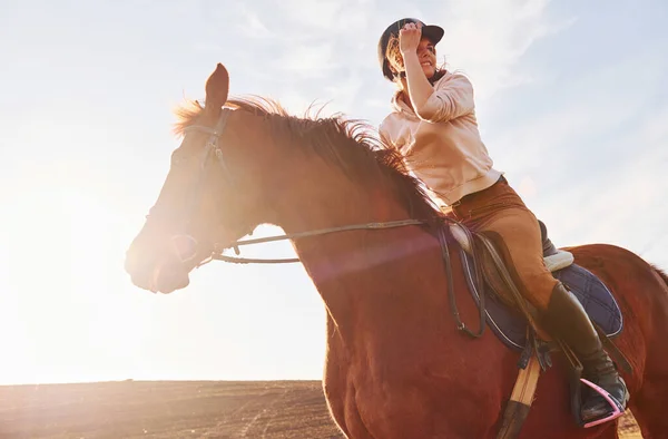 Young Woman Protective Hat Her Horse Agriculture Field Sunny Daytime —  Fotos de Stock