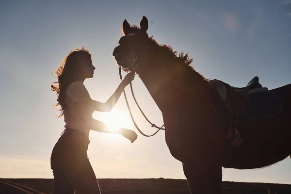 Schöner Sonnenschein Junge Frau Steht Tagsüber Mit Pferd Auf Acker — Stockfoto