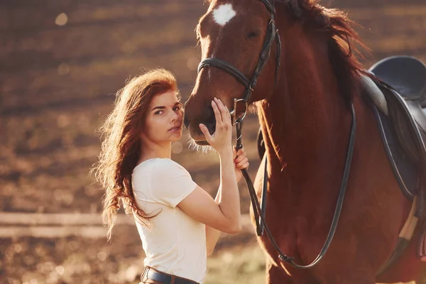 Mujer Joven Pie Con Caballo Campo Agricultura Día Soleado —  Fotos de Stock