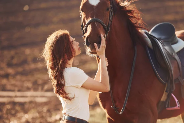Young Woman Standing Her Horse Agriculture Field Sunny Daytime —  Fotos de Stock