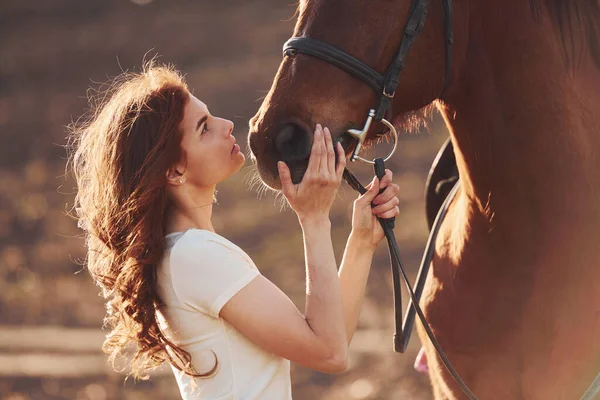 Young Woman Standing Her Horse Agriculture Field Sunny Daytime — Stock Photo, Image