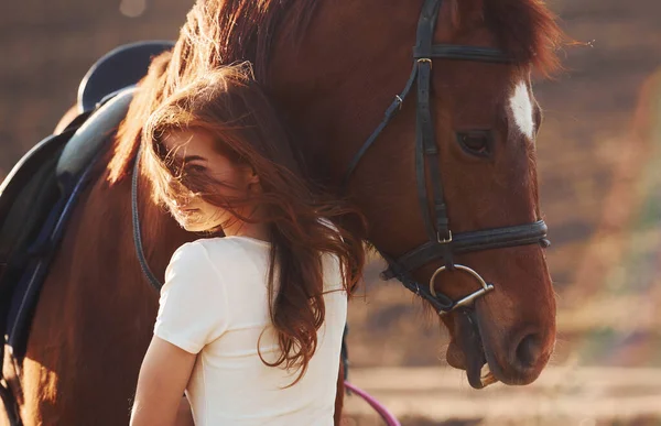 Young Woman Embracing Her Horse Agriculture Field Sunny Daytime —  Fotos de Stock