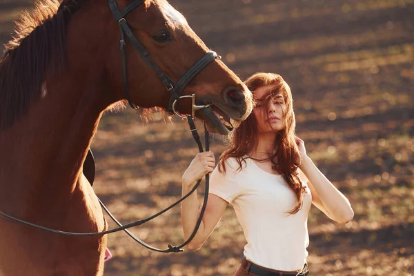 Young Woman Standing Her Horse Agriculture Field Sunny Daytime —  Fotos de Stock